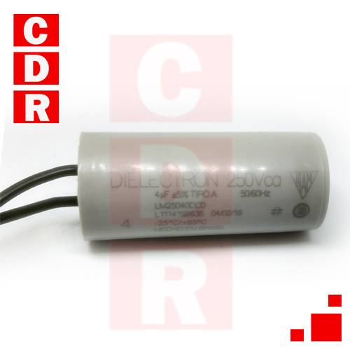 CAPACITOR 4MF X 250VCA CON TERMINAL CABLE -DIAMETRO 25MM, ALTURA 55MM  MARCA DIELECTRON