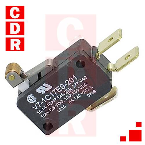 V7-1C17E9-201 MINIATURE SWITCH, BASIC, SPDT, 15A 277VAC, ROLLER LEVER, QUICK CONNECT GENERICO
